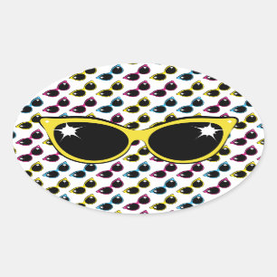Sticker Ovale Rétro motif de lunettes de soleil de chat avec le