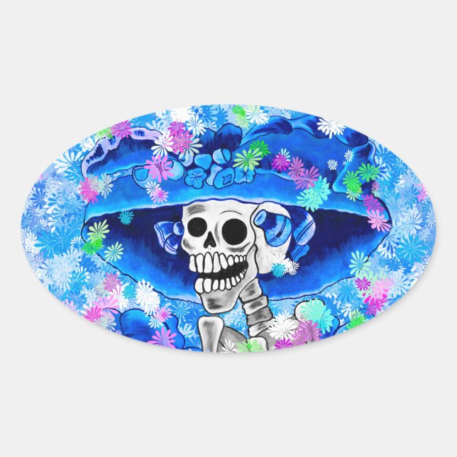 Sticker Ovale Rire Skeleton Woman dans Blue Bonnet sur Blue (Devant)