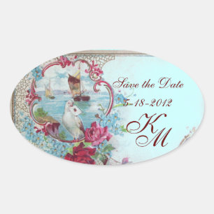 Sticker Ovale ROMANTICA MONOGRAM, Enregistrer la date, Bleu