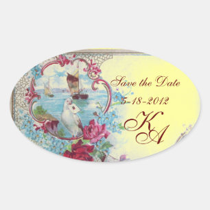 Sticker Ovale ROMANTICA MONOGRAM, Enregistrer la date, Jaune