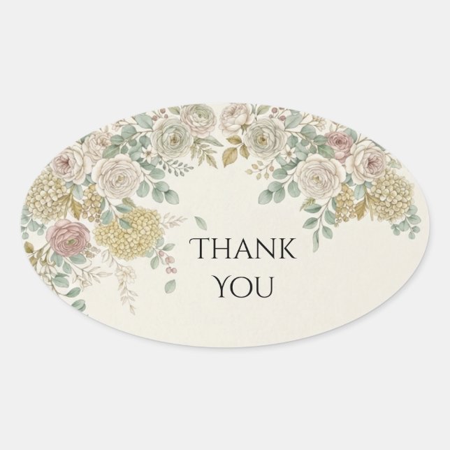 Sticker Ovale Rose Hydrangea Mariage Remerciement Blush (Devant)
