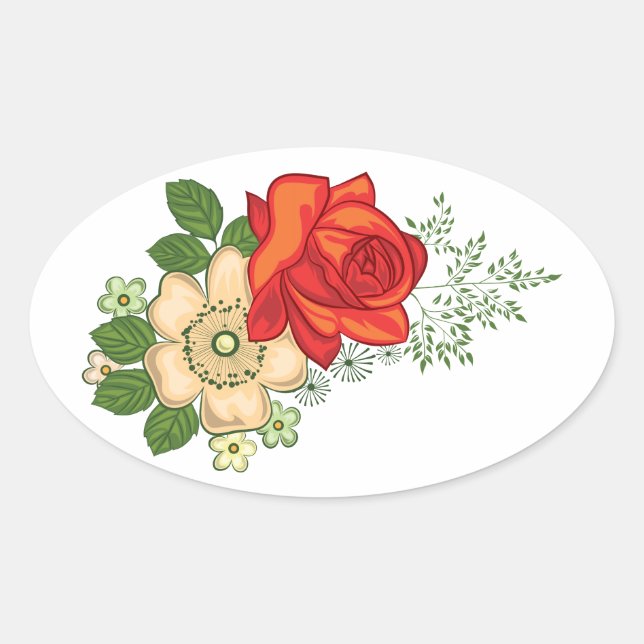 Sticker Ovale Rose rouge et marguerites (Devant)