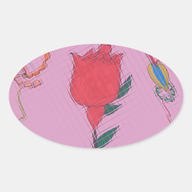 Sticker Ovale Rose rouge sur rose : Art Floral Frontière Imprime (Devant)