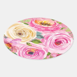 Sticker Ovale Roses aquarelles en rose et crème avec paillettes