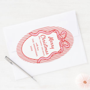 Sticker Ovale Rouge Classique Rayures Roses & Cadre de Noël avec