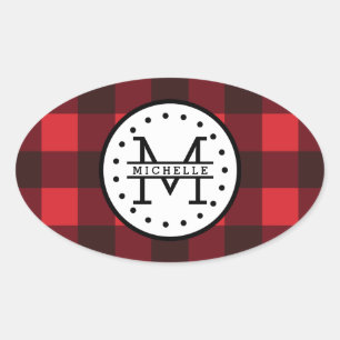 Sticker Ovale Rouge noir Buffalo Plaid Nom de la sériole Monogra