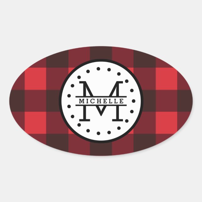 Sticker Ovale Rouge noir Buffalo Plaid Nom de la sériole Monogra (Devant)