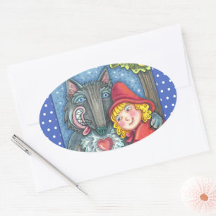 STICKER OVALE ROUGE RIDING HOOD, LES LOUPS ONT BESOIN DE HUGS TR