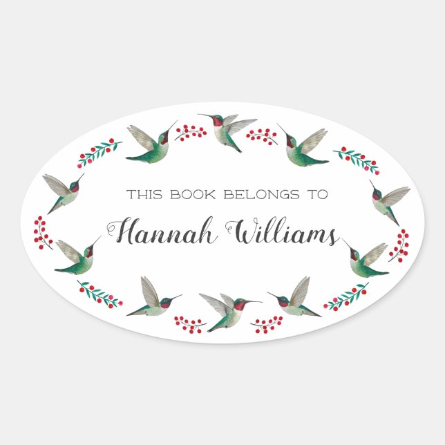 Sticker Ovale Ruby-throated Hummingbirds Bookplate (Devant)