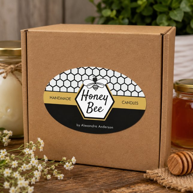 Sticker Ovale Ruche d'abeille moderne en nid d'abeille noir jaun (Modern Honey Bee Apiary Honeycomb Black Yellow Oval Sticker)