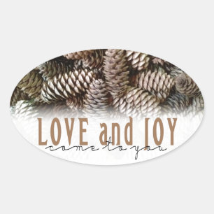 Sticker Ovale Rustic Holiday Love and Joy Pine Cone