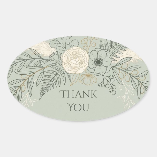Sticker Ovale Sage Line Art Floral Merci (Devant)