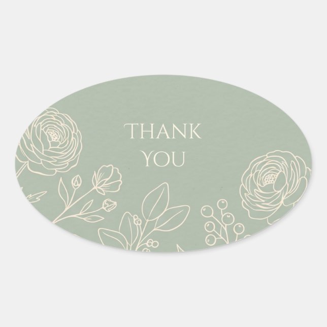 Sticker Ovale Sage Line Art Floral Merci (Devant)