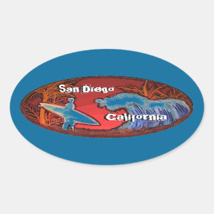 Sticker Ovale San Diego California surfer vagues art bleu autoco