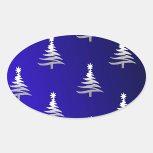 Sticker Ovale Sapins de Noël Argent sur Bleu Cobalt