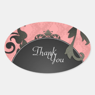 Sticker Ovale Sceau de Merci - noir et corail Mariage damassé