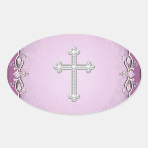 Sticker Ovale Sceaux d'enveloppe à fleurs en damas à croix rose