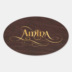 Sticker Ovale Script Tourbillonnant personnalisé Amina Gold en c