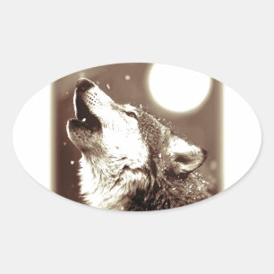 Sticker Ovale Sepia Wolf & Moon