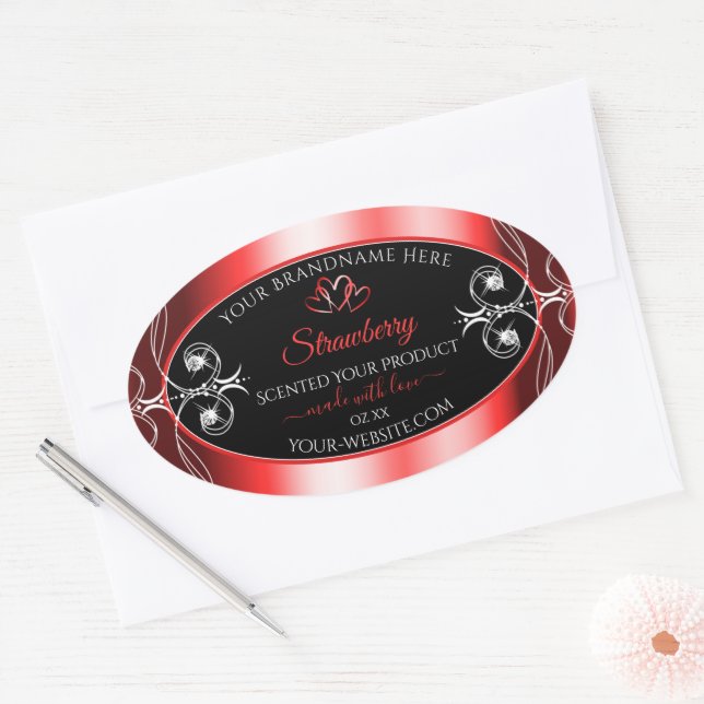 Sticker Ovale Shimmery Ruby Red Frame Black Produit Bijoux Étiqu (Enveloppe)