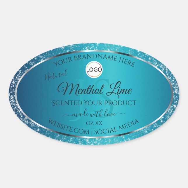 Sticker Ovale Shimmery Turquoise Logo Initiales Parties scintill (Devant)