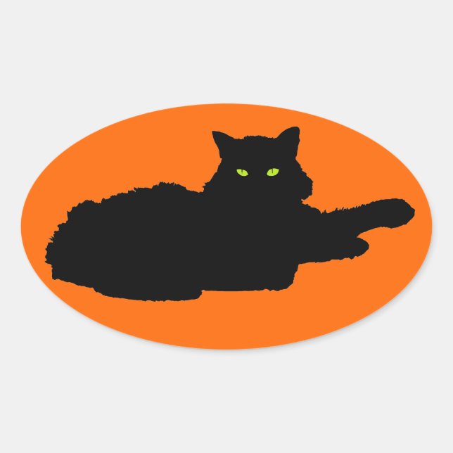 Sticker Ovale Silhouette de chat noir sur orange (Devant)