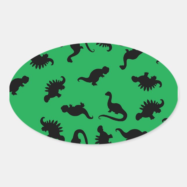 Sticker Ovale Silhouettes de dinosaures sur fond vert motif (Devant)