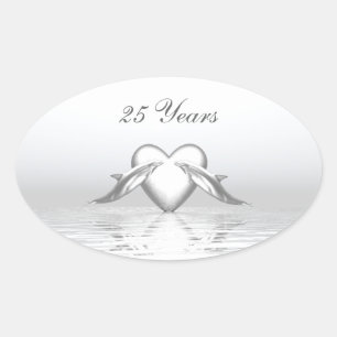 Sticker Ovale Silver Anniversary Dolphins et Heart