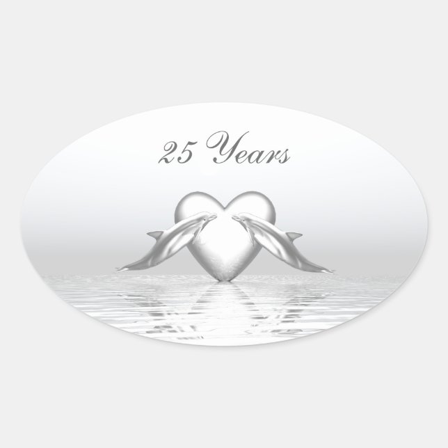 Sticker Ovale Silver Anniversary Dolphins et Heart (Devant)