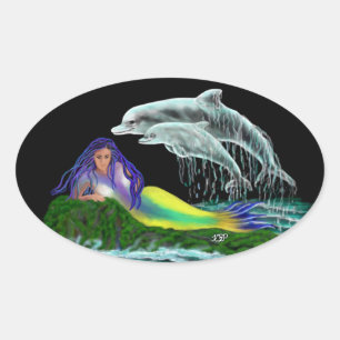 Sticker Ovale Sirène avec dauphins