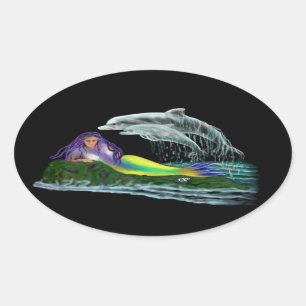 Sticker Ovale Sirène avec des dauphins