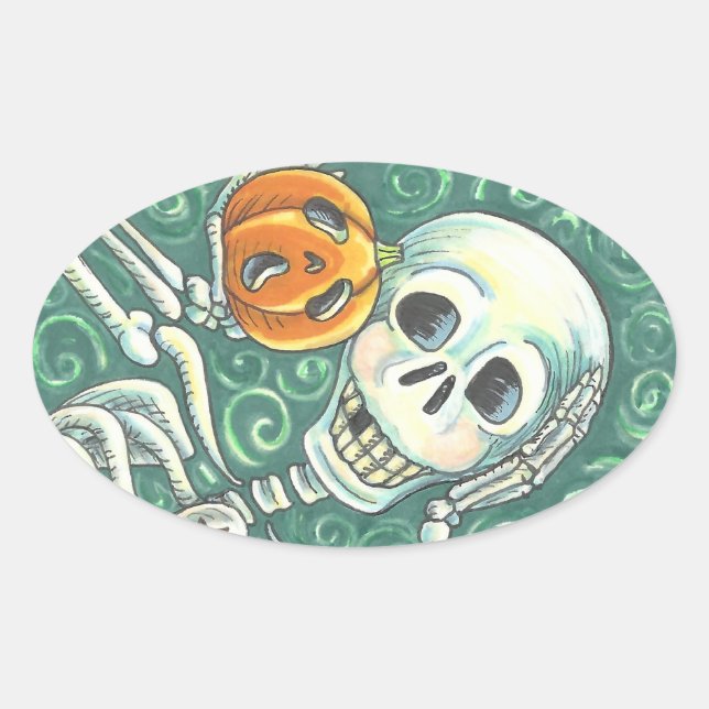 Sticker Ovale SKELETON ET JACK-O'-LANTERN STICKERS, FEUILLE Oval (Devant)