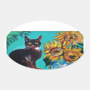 STICKER OVALE SOUCHES AVEC CHAT NOIR EN TURQUOISE BLEUE