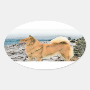 Sticker Ovale Spitz finlandais à Seashore Peinture - Chien Art