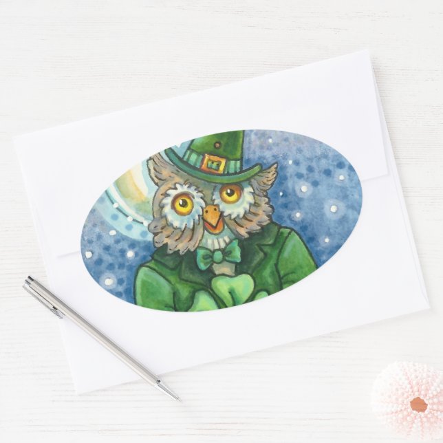 STICKER OVALE ST. PATRICK'S DAY OWL, 4 HORLOGE LEPRECHAUN (Enveloppe)
