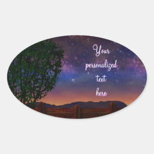 Sticker Ovale Starry Night Landscape - avec texte personnalisabl