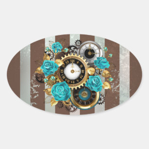 Sticker Ovale Steampunk Clock and Turquoise Roses on Striped