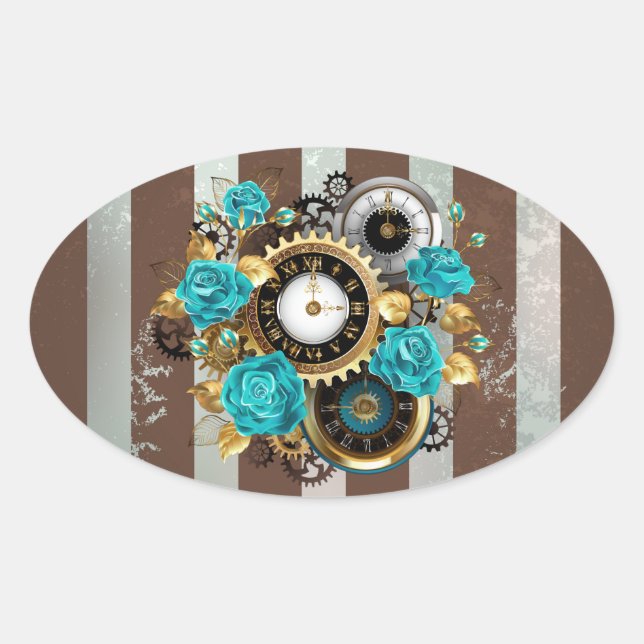 Sticker Ovale Steampunk Clock and Turquoise Roses on Striped (Devant)
