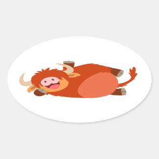 Sticker Ovale Stick à vache Highland Cartoon