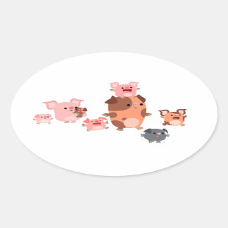 Sticker Ovale Stick ovale de la famille de cochon de dessin mign