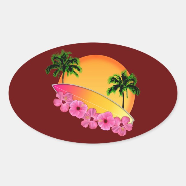 Sticker Ovale Surf et fleurs d'Hibiscus (Devant)
