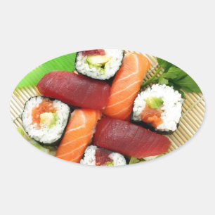 Sticker Ovale Sushi Japonais Délicieux Nourriture Asiatique Déli