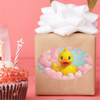Sticker Ovale Sweet Duckling on Pink Clouds Birthday