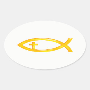Sticker Ovale Symbole chrétien d'or de poissons avec le crucifi