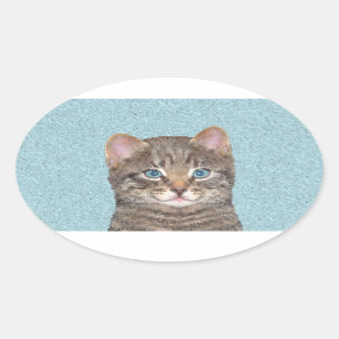 Sticker Ovale Tabby Gris Peinture Chat - Cute Original Art Chat