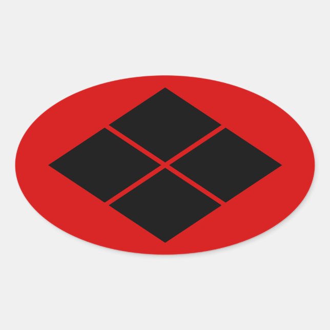 Sticker Ovale Takeda kamon japonais samouraï clan noir sur rouge (Devant)