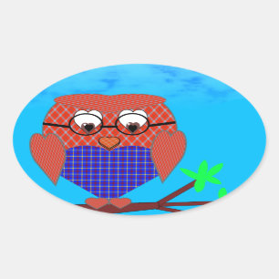 Sticker Ovale Tartan et Chouette des Coeurs