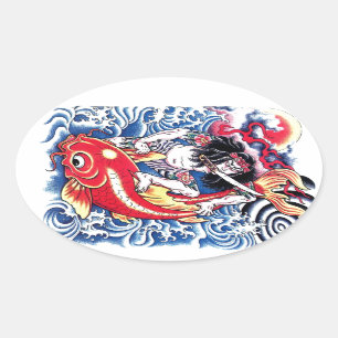Sticker Ovale Tatouage rouge de carpe samouraï japonaise fraîche