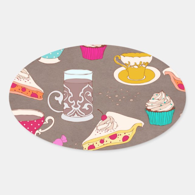 Sticker Ovale Tea party Dessert Print Cupcake Pie Doodle (Devant)