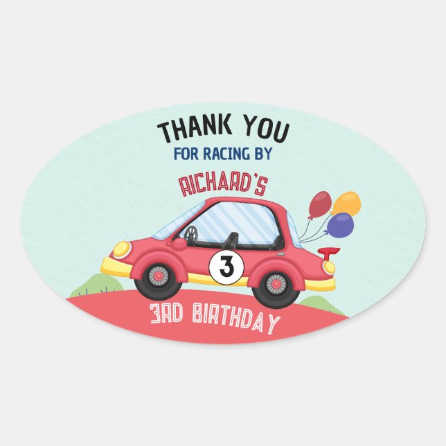 Sticker Ovale Thème d'anniversaire pour enfants de course automo (Devant)